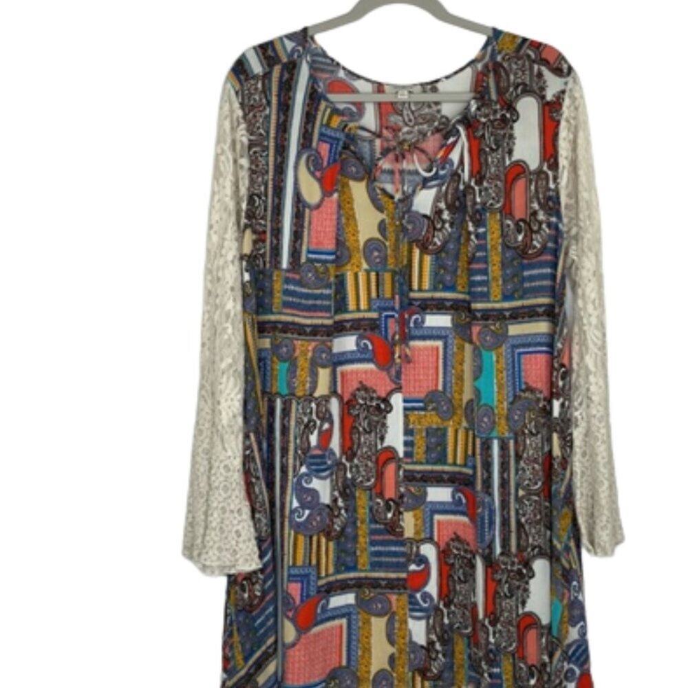 Umgee multi-color paisley mini dress with lace bell sleeves size Large